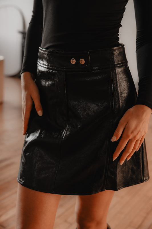  Herazai | Lilin Skirt | Black A-line coated PU mini skirt
